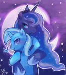 anthro blue_hair cosmic_hair duo ethereal_hair female hair horn hug looking_at_viewer looking_up moon night outside princess royalty semi-anthro size_difference smile star starry_hair suikuzu friendship_is_magic hasbro my_little_pony mythology princess_luna_(mlp) trixie_(mlp) equid equine mammal mythological_creature mythological_equine unicorn blue_theme cool_colors