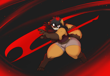 action_pose anthro axe black_hair bottomwear breasts clothing crown female gloves_(marking) hair headgear holding_axe holding_object leg_markings markings pose red_eyes shorts simple_background smile socks_(marking) solo thick_thighs topwear wide_hips robertge jason_markova mammal procyonid raccoon 2022 digital_media_(artwork)