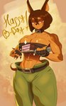 5_fingers abs anthro bandeau belt belt_collar biceps big_breasts birthday birthday_cake bottomwear breasts brown_body brown_fur brown_hair cake cleavage clothed clothing dessert female fingerless_gloves fingernails fingers food fur gloves hair handwear holding_object holding_weapon looking_at_viewer midriff muscular muscular_female nails navel orange_eyes oversized_bottomwear oversized_clothing oversized_pants pants pawpads pecs pecs_with_breasts serratus sharp_fingernails sharp_nails short_hair solo standing topwear weapon kalivero dog_knight_rpg rory_(ceehaz) canid canine canis dobermann domestic_dog mammal pinscher 2023 hi_res signature