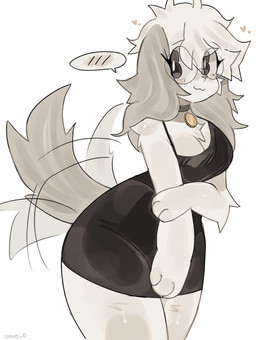 anthro big_breasts black_clothing black_dress blush breasts cleavage clothed clothing collar collar_tag dark_ears dark_tail dress eyeliner eyewear female floppy_ears fluffy_ears fur glasses hair holding_arm long_ears makeup messy_hair short_dress shy solo tail tail_motion tailwag tan_body tan_fur thick_thighs uovo ume_(uovo) canid canine canis domestic_dog mammal hi_res