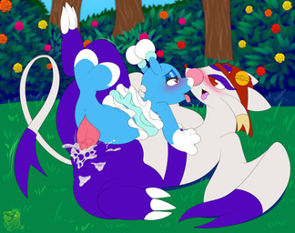 3_fingers 3_toes accessory after_kiss alternate_color alternate_species anthro anthro_on_feral anthro_penetrated anus bestiality blue_body blush blush_lines bodily_fluids claws clothing cum cum_in_vagina cum_inside detailed_background duo excessive_cum excessive_genital_fluids eye_contact eyeshadow feet female feral feral_penetrating fingers flat_chested flower fur genital_fluids genitals grass hat headgear headwear long_neck looking_at_another looking_at_partner lying makeup male male/female multicolored_body on_back on_front open_mouth penetration penis pin_accessory pin_button plant purple_body purple_eyeshadow purple_fur raised_leg red_clothing red_eyes red_hat red_headwear saliva saliva_string semi-anthro size_difference spread_legs spreading tail tapering_penis toe_claws toes tree vaginal vaginal_penetration vulva whiskers white_body white_fur makoto177 nintendo pokemon mako_(makoto177) sylvie_(wups) brionne generation_5_pokemon generation_7_pokemon mammal mienshao mustelid musteline pokemon_(species) true_musteline weasel digital_media_(artwork) hi_res signature