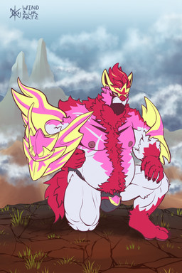 anthro anthrofied barazoku belly_hair body_hair bulge chest_hair clothed clothing facial_hair looking_at_viewer male nipples overweight overweight_anthro shield solo underwear underwear_only windzurartz nintendo pokemon crowned_shield_zamazenta generation_8_pokemon legendary_pokemon pokemon_(species) zamazenta hi_res