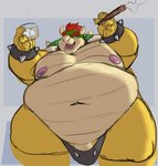 2020 2_horns alcohol anthro barely_contained belly beverage big_belly bowser bowser_day bulge captainjusticevirtsuoso cigar clothing colored_sketch genitals glass horn justicecaptainv koopa male mario_bros moobs mostly_nude navel nintendo nipples obese obese_anthro obese_male overweight overweight_anthro overweight_male penis scalie sketch smoking solo speedo swimwear thick_thighs underwear