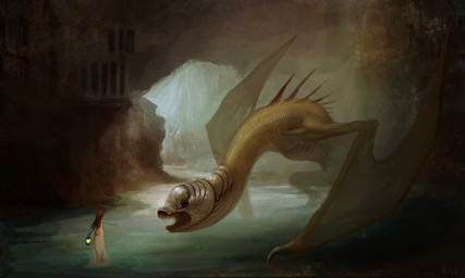 ambiguous_gender armor brown_hair cave clothed clothing detailed_background duo female feral hair headgear helmet holding_object lamp lantern membrane_(anatomy) membranous_wings open_mouth scales spines standing teeth water wings vitaj european_mythology mythology dragon mythological_creature mythological_scalie scalie western_dragon wyvern 5:3 absurd_res hi_res