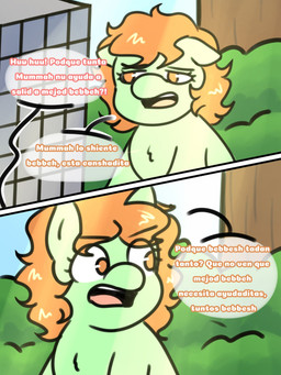 ambiguous_feral ambiguous_gender cage day dialogue eyelashes feral green_body hair orange_eyes orange_hair outside quadruped text young young_ambiguous young_feral giggle_fluffy's fluffy_pony fluffy_pony_(species) mammal 3:4 comic digital_media_(artwork) hi_res spanish_description spanish_text translated translated_description