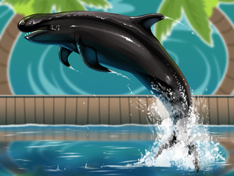 ambiguous_gender black_body blue_eyes detailed_background dorsal_fin feral fin narrowed_eyes open_mouth outside side_view solo splash teeth water imperatorcaesar cetacean mammal marine toothed_whale