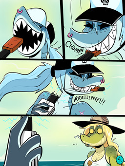 anthro beach big_breasts bite blonde_hair bottomwear breasts clothing duo eyebrow_piercing facial_piercing female flat_chested freckled_face freckled_shoulders freckles gesture gills green_body green_scales grin hair hat headgear headwear non-mammal_breasts nose_piercing nose_ring park_ranger piercing ponytail ring_piercing scales scar sharp_teeth small_breasts smile tail teeth thick_tail thick_thighs ventral_scales white_hair wide_hips 49ersrule07 jawlene_(herny) crocodilian fish marine reptile scalie shark 3:4 absurd_res comic hi_res