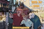 5_fingers anthro biped clothed clothing eyebrows fingers floppy_ears fur group male open_mouth open_smile selfie selfie_stick shirt smile tail text topwear hemuchang canid canine canis dobermann domestic_dog husky mammal nordic_sled_dog pinscher spitz english_text hi_res