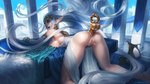 16:9 anal butt calm_(artist) dildo elf female genitals hair humanoid humanoid_pointy_ears long_hair looking_pleasured mammal not_furry open_mouth pussy sex_toy solo tongue tongue_out widescreen