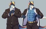 abs anthro barazoku blue_body bulge business clothing male multiple_poses muscular muscular_anthro muscular_male pose power raining suit tail wolgensim mythology teryx teryx_commodore dragon mythological_creature mythological_scalie scalie 16:10 hi_res widescreen