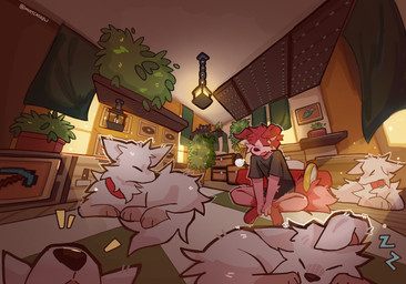 >_< ambiguous_gender anthro blue_clothing blue_shirt blue_topwear chest_(container) clothing collar collar_only eyes_closed feral floor floppy_ears group lamp male nude on_ground pickaxe_(minecraft) plant shirt sitting sitting_on_ground sleeping topwear mintcashew microsoft minecraft mojang xbox_game_studios canid canine canis domestic_dog mammal wolf wolf_(minecraft) 2025 absurd_res detailed hi_res