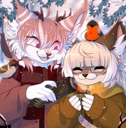 ambiguous_feral ambiguous_gender anthro black_nose brown_clothing brown_hair brown_nose brown_topwear cheek_tuft closed_smile clothed clothing container cup eyes_closed eyewear facial_tuft female female_anthro feral front_view fur glasses glistening glistening_eyes group hair holding_container holding_cup holding_object mouth_closed open_mouth open_smile outside pink_eyes rectangular_glasses scarf smile snow snowing tan_body tan_fur tan_hair topwear tuft whiskers white_body white_fur bloominglynx yukki_kirai avian felid feline lynx mammal digital_drawing_(artwork) digital_media_(artwork) hi_res
