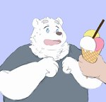 anthro blue_eyes clothing dessert duo food humanoid_hands ice_cream kemono male overweight overweight_male shirt solo_focus topwear white_body twoyinyin utau shirane_kan bear mammal polar_bear ursine 2023