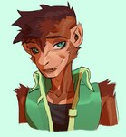 ambiguous_gender anthro brown_body brown_fur clothed clothing fur green_eyes hair looking_at_viewer simple_background smile solo teeth topwear vest maxspite tobias_(kipkune) haplorhine mammal monkey primate 2021 absurd_res bust_portrait hi_res portrait