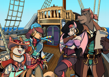 anthro black_hair bracelet breasts brown_hair clothed clothing ear_piercing eyes_closed eyewear fangs female goggles group hair jewelry kerchief male map membrane_(anatomy) membranous_wings necklace piercing pirate sea ship stubble teeth vehicle water watercraft wings volkenfox the_pirate's_fate darious leeko mila_(the_pirate's_fate) morgana_(the_pirate's_fate) bat canid canine canis domestic_cat domestic_dog felid feline felis herding_dog mammal pastoral_dog welsh_corgi wolf