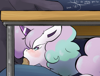 blush bodily_fluids drooling duo fellatio female feral genitals hiding horn male male/female oral penile penis saliva saliva_on_penis sex stealth_sex under_table lavenderscent mythology nintendo pokemon equid equine galarian_form galarian_ponyta generation_8_pokemon human mammal mythological_creature mythological_equine pokemon_(species) regional_form_(pokemon) unicorn