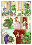 5_fingers animate_inanimate anthro apron apron_only avian bare_back bird canid canine clothed clothing comic detailed_background ear_piercing female femboy fingers green_eyes green_hair hair hi_res leona_(aka)_little_one living_plushie male mammal money mostly_nude nanomoochines piercing plushie red_hair rodent sciurid sledge slenderdragon smile teeth tree_squirrel zummeng