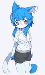 ahoge anthro blue_body blue_fur blue_hair bottomwear brown_eyes clothing eyewear femboy fur glasses hair kemono male midriff navel shirt shorts sidelocks solo tied_shirt topwear young young_anthro devil-vox devy_(devil-vox) domestic_cat felid feline felis mammal 2018