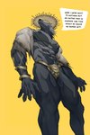 abs anthro biped bulge clothed clothing crotch_armor fangs fur grey_body grey_fur male mostly_nude muscular muscular_anthro muscular_male nipples pecs simple_background skimpy solo standing teeth text yellow_background eruprior elden_ring fromsoftware blaidd_(elden_ring) canid canine canis mammal wolf 2022 2:3 absurd_res digital_media_(artwork) english_text hi_res