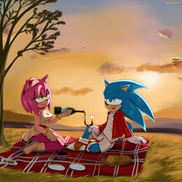 alcohol anthro bedding beverage blanket blue_body blue_fur blush bottle bottomwear bread breasts clothed clothing container cup dress drinking_glass duo eye_contact female food footwear fur glass glass_container glass_cup gloves grass green_eyes hair handwear holding_bottle holding_container holding_cup holding_drinking_glass holding_object holding_wine_glass jacket looking_at_another male open_clothing open_jacket open_topwear outside picnic pink_body plant shirt shoes shorts sky smile sunset tail topwear tree wine wine_bottle wine_glass soranygyart sega sonic_the_hedgehog_(series) amy_rose sonic_the_hedgehog eulipotyphlan hedgehog mammal digital_media_(artwork) hi_res