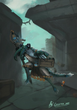 ambiguous_gender anthro clothing crate fantasy full_body_view jumping magic_user robe solo staff gaertan anomalocarid anomalocaris aquatic arthropod prehistoric_species digital_drawing_(artwork) digital_media_(artwork) digital_painting_(artwork) hi_res painting_(artwork)