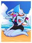 4_legs 6_arms anthro beach black_clothing blue_eyes border breasts cellphone cleavage clothed clothing cloud electronics eyelashes female fish_hook food holding_food holding_object holding_phone holding_popsicle hook kneeling multi_arm multi_limb multicolored_body phone popsicle popsicle_in_mouth popsicle_melting sand sea seashell shell sky smartphone solo water white_border roboticsteve ring_cats tobu_(roboticsteve) cephalopod coleoid decapodiform marine mollusk squid 2024 absurd_res digital_drawing_(artwork) digital_media_(artwork) hi_res