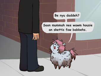 ambiguous_gender ambiguous_human baby_talk blue_body blue_fur brick brick_wall clothed clothed_human clothing crotch_breasts day dialogue dirty duo female female_feral feral fully_clothed fur hair hair_over_eyes light_body light_skin looking_up nipples outside pink_hair pink_tail standing suit tail text wall_(structure) wings young young_female young_feral meatfroot fluffy_pony mythology equid equine fluffy_pony_(species) human mammal mythological_creature mythological_equine pegasus 2026 4:3 digital_media_(artwork) english_description english_text