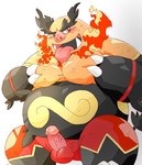 anthro balls belly big_belly black_body blush erection genitals kemono male moobs orange_body overweight overweight_male penis red_body solo tongue tongue_out ginsingoo1 nintendo pokemon emboar generation_5_pokemon pokemon_(species) 2022