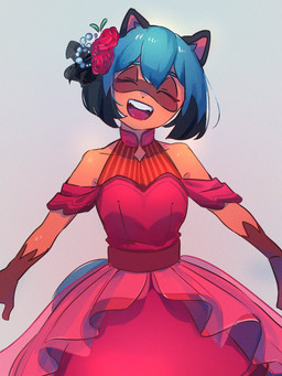 accessory anthro black_highlights blue_hair bow_ribbon breasts bustle classy clothed clothing dress eyelashes eyes_closed facial_markings fangs female flower flower_in_hair frilly frilly_clothing frilly_dress front_view gloves_(marking) grey_background hair hair_accessory hair_bow hair_ribbon happy head_markings head_tilt highlights_(coloring) markings mask_(marking) open_mouth open_smile orange_body plant red_clothing red_dress ribbons rose_(flower) short_hair simple_background small_breasts smile solo spread_arms teeth i4_kan brand_new_animal studio_trigger michiru_kagemori canid canine mammal raccoon_dog tanuki 2020 3:4 digital_media_(artwork) hi_res portrait three-quarter_portrait