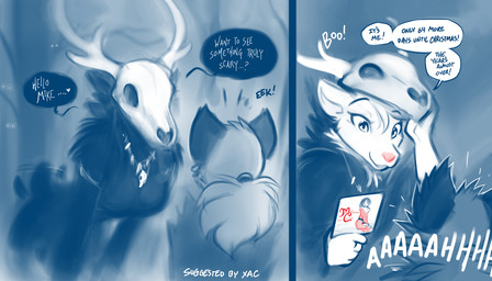 anthro antlers biped bone bone_mask breasts christmas_card clothed clothed_anthro clothed_female clothing costume dialogue duo female front_view fur hair holding_object holidays horn humor jewelry lifting_mask mask necklace ponytail red_nose removing_mask scared screaming skull skull_mask smile standing tail tail_motion tailwag text conditional_dnp tom_fischbach christmas halloween twokinds mike_(twokinds) mikes_reindeer_(twokinds) canid canine deer fox keidran mammal new_world_deer reindeer 2025 7:4 blue_and_white comic english_text hi_res monochrome sketch spot_color