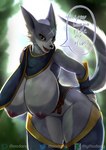 anthro areola big_breasts black_sclera blue_body breasts clothed clothing featureless_crotch female fur hanging_breasts huge_breasts hyper hyper_breasts looking_at_viewer nipples smile solo text thick_thighs yellow_eyes moodang capcom monster_hunter canid canine canis canyne mammal palamute absurd_res hi_res