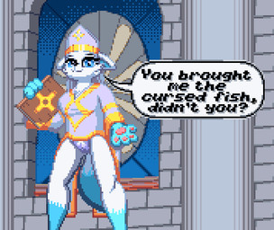 anthro book church clothed clothing dialogue female fur inside looking_at_viewer priest priest_robes religion religious_symbol smile smiling_at_viewer solo speech_bubble standing tail text underwear white_body white_fur zeka10000 fish!_(game) pristina_(character) felid feline mammal digital_media_(artwork) english_text pixel_(artwork)
