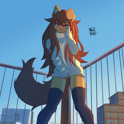 anthro anti-eyebrow_piercing brown_eyes brown_hair clothed clothing ear_piercing facial_piercing female fur furgonomic_piercing furgonomics gauged_ear hair hand_on_own_face legwear long_hair looking_at_viewer muzzle_piercing nose_piercing piercing smile solo stockings tail newbrotter apogee_(tinygaypirate) canid canine canis domestic_dog mammal 1:1 digital_media_(artwork) hi_res