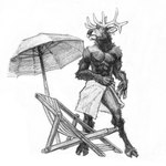 anthro antlers beach_chair bottomless clothed clothing hooves horn looking_up male muscular muscular_anthro muscular_male parasol partially_clothed solo surprise surprised_expression towel momamo mo_(momamo) cervine deer elk mammal 1:1 hi_res monochrome