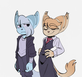 anthro blue_body blue_fur blue_nose bottomwear clothed clothed_male clothing duo fur hair hair_over_eye jacket male markings necktie one_eye_closed pants pink_nose ring_(marking) ringed_tail shirt simple_background striped_markings striped_tail stripes tail tail_markings tail_tuft tan_body tan_fur topwear tuft white_background white_hair time_fluffy500 ratchet_and_clank sony_corporation sony_interactive_entertainment mopz_(ratchet_and_clank) sprocket_(ratchet_and_clank) lombax mammal hi_res