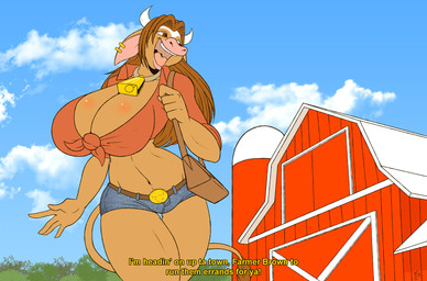 5_fingers anthro barn bell big_breasts blush body_blush breast_blush breasts brown_eyes brown_hair cleavage clothed clothing cloud cowbell curvy_figure dialogue ear_piercing female fingers fully_clothed hair holding_object horn huge_breasts long_hair looking_back low-angle_view midriff navel open_mouth outside piercing sky solo text thick_thighs tongue voluptuous wide_hips conditional_dnp zp92 bessie_(zp92) beef_cattle bovid bovine cattle felid hereford_cattle mammal 2015 digital_media_(artwork) english_text hi_res