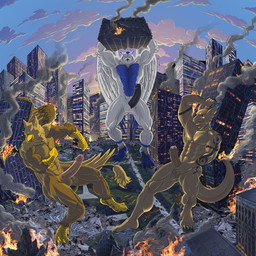 abs anthro arm_tattoo balls beak brown_body brown_fur building building_destruction city city_background city_crushing city_destruction cityscape claws destruction detailed_background erection feathered_wings feathers feet fingers fire fur genitals group humanoid_genitalia humanoid_penis landscape_dwarfing macro macro_anthro macro_male male muscular muscular_anthro muscular_male nude outside paws pecs penile penis rampage sky smile stomping tail tattoo toes trio white_body wings kain3 mythology carpo sova tephros avian bird dragon gryphon mythological_avian mythological_creature mythological_scalie owl scalie 1:1 hi_res