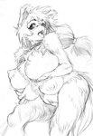 anthro areola biped breasts canid canine canis collar domestic_dog female fur graphite_(artwork) hair holding_breast kemono mammal marudi monochrome multi_breast nipples nude nude_female open_mouth ponytail simple_background solo standing tongue tongue_out traditional_media_(artwork) white_background