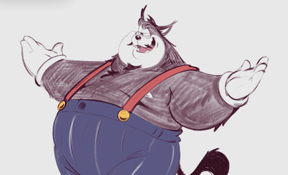 anthro black_body black_fur clothed clothing countershade_face countershading facial_hair fur gloves grey_background handwear male moobs multicolored_body multicolored_fur mustache overalls overweight overweight_anthro overweight_male simple_background solo tail topless topless_anthro topless_male two_tone_body two_tone_fur white_body white_clothing white_countershading white_fur white_gloves white_handwear baddie_holly the_three_musketeers_(disney) pete_(disney) domestic_cat felid feline felis mammal 2026 hi_res marker_(artwork) traditional_media_(artwork)