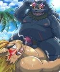 anthro balls belly big_belly blush blush_lines bodily_fluids chest_tuft cloud cum cum_on_arm cum_on_face cum_on_moobs cum_on_partner cum_on_partner's_arm cum_on_partner's_chest cum_on_partner's_face cum_on_shoulder cumshot duo ejaculation erection eyes_closed eyewear genital_fluids genitals hands-free kemono looking_pleasured lying male male/male moobs navel nipples open_mouth open_smile overweight overweight_male palm_tree penis plant pubes scar smile sunglasses sweat tree tuft rockmai3 asian_mythology east_asian_mythology japanese_mythology mythology sengoku_puzzle serizawa_kamo foo_dog komainu mammal suid suina sus_(pig) wild_boar yokai 2024 5:6 hi_res