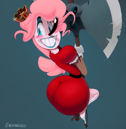 axe big_butt big_nose blue_background blue_eyes butt clothed clothing clown crossdressing crown dress femboy footwear freckles gloves hair handwear headgear high_heels looking_at_viewer looking_back looking_back_at_viewer melee_weapon pink_hair red_clothing red_dress shoes simple_background smile smiling_at_viewer solo tan_body tan_skin weapon wide_hips vimhomeless mrs.mayhem humanoid hi_res