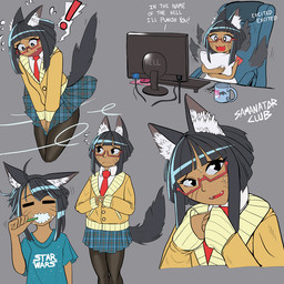 5_fingers black_hair blue_bottomwear blue_clothing blue_skirt bodily_fluids bottomwear brush brushing brushing_teeth clothing computer container cup electronics exclamation_point eyes_closed eyewear female fingers flying_sweatdrops glasses hair holding_object inner_ear_fluff legwear multiple_poses pajamas pen pose skirt smile solo sweat sweatdrop tail tail_motion tailwag text tights topwear tuft uniform wind writing_utensil yellow_clothing yellow_topwear samanator_club aina_(samanator_club) animal_humanoid humanoid 1:1 english_text