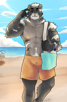 5_fingers abs anthro bag beach beach_umbrella biceps biped black_body black_fur body_hair bottomwear claws clothed clothing cloud countershading eyebrows eyewear fangs fingers fur green_body green_fur grey_body grey_fur hair happy_trail holding_object looking_at_viewer male multicolored_body multicolored_fur muscular muscular_anthro muscular_arms muscular_male navel nipples outside parasol pecs pubes sand seaside shorts solo standing striped_body striped_fur stripes summer sun sunglasses teeth topless triceps walking water whisker_spots white_body white_fur bluesh jacob_(bluesh) felid mammal prehistoric_species saber-toothed_tiger hi_res