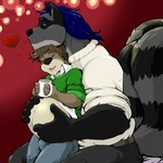 anthro belt black_body black_fur blue_eyes blue_hair bottomwear brown_body brown_fur clothing container cup duo fur green_clothing green_shirt green_topwear grey_body grey_fur hair heart_symbol holding_another's_belly hot_beverage male male/male mug pants pregnant pregnant_male red_background romantic romantic_couple shirt simple_background sitting sitting_on_another speech_bubble steam sweater topwear white_clothing white_mug white_sweater white_topwear pandottermon mammal mustelid otter procyonid raccoon 1:1 hi_res