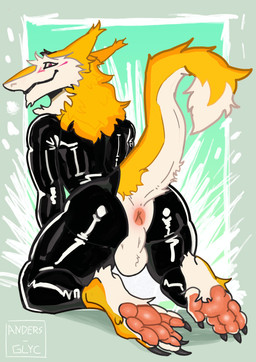 anthro anus backsack balls butt claws clothing feet foot_focus genitals kneeling latex latex_clothing male pawpads presenting presenting_anus presenting_hindquarters solo tail yellow_body anders-glyc sergal absurd_res hi_res