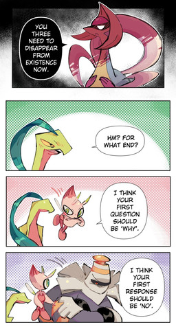 ambiguous_gender anthro bodily_fluids crossed_arms dialogue disguise female feral green_eyes group halftone_background leering male no_pupils pattern_background simple_background speech_bubble sweat sweatdrop text trio white_eyes yellow_body yellow_eyes scribzag nintendo pokemon pokemon_mystery_dungeon spike_chunsoft darkrai_(eotds) dusknoir_(eotds) grovyle_the_thief shiny_celebi_(eotds) cresselia dusknoir generation_3_pokemon generation_4_pokemon grovyle legendary_pokemon pokemon_(species) shiny_pokemon 2025 comic digital_media_(artwork) english_text halftone hi_res