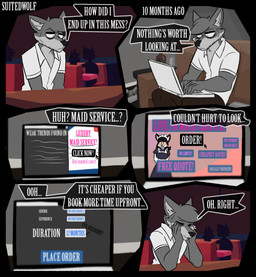 alcohol anthro beer_cans beverage black_hair booth_seating bottle clothed clothing collared_shirt computer container dialogue electronics eyes_closed female flashback fur furniture grey_body grey_fur hair head_in_hands laptop maid_uniform male pop-up_ads shirt solo table text topwear uniform suitedwolfie k_(suitedwolfie) canid canine canis mammal wolf comic english_text hi_res