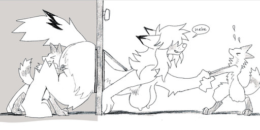 >_< ambiguous_anthro ambiguous_gender anthro bodily_fluids breasts door eyes_closed female female_anthro giggle group hair hair_over_eyes hanging_breasts larger_anthro larger_female long_hair nipples nude nude_anthro nude_female pushing_in side_view size_difference smaller_ambiguous smaller_anthro smile speech_bubble stuck stuck_in_door sweat sweatdrop trio thorn_paw canid canine canis fox mammal wolf 2025 digital_drawing_(artwork) digital_media_(artwork) hi_res