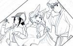 anthro apron bathrobe blush cloak clothed clothing cosplay dress female fur group hair hat headgear headwear hime_cut jacket kemono low-angle_view mehajiki open_mouth pipe robe smile topwear yuuki_ray tamamo-chan's_a_fox mrs._hudson tamamo_fushimi canid canine fox human mammal monochrome sketch