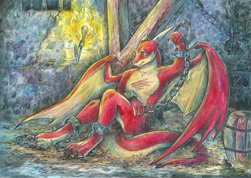 4_toes anthro barefoot barrel bottomwear bound chain chained clothing countershade_feet countershading cuff_(restraint) digitigrade dungeon fantasy feet green_eyes loincloth male membrane_(anatomy) membranous_wings prisoner red_body restraints scar shackles soles solo submissive submissive_male tail toes wings taski_guru european_mythology mythology arix_(arix0) dragon mythological_creature mythological_scalie reptile scalie western_dragon